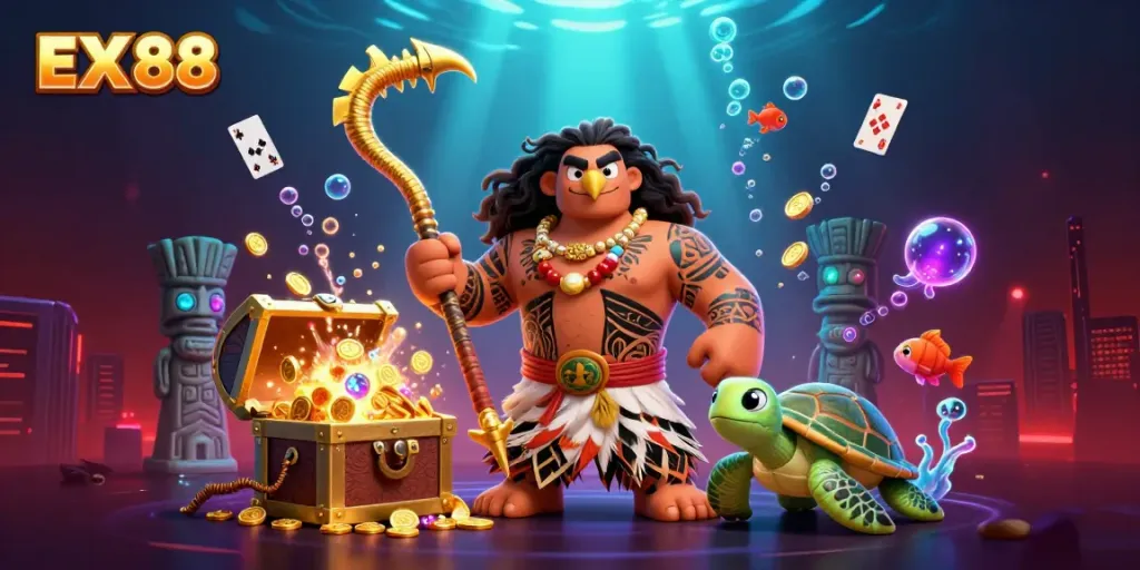 Experience the vibrant world of EX 88 with a 3D demigod and turtle, surrounded by colorful gambling elements.