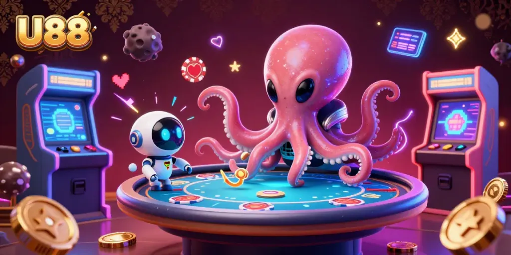 U88 casino experience, showcasing an alien octopus at a poker table with vibrant gaming elements.
