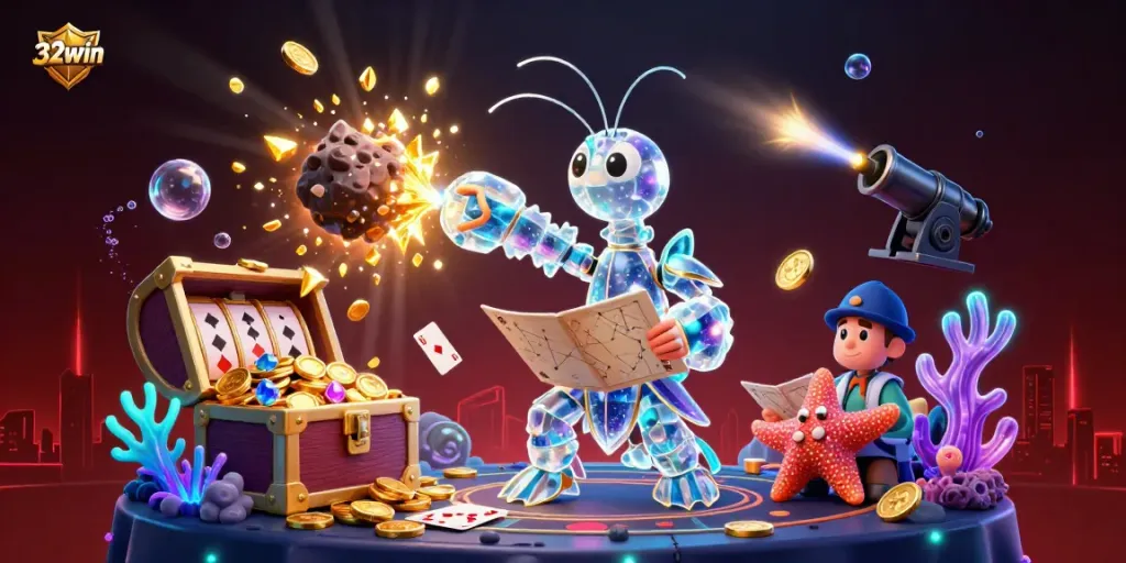Experience thrilling wins at 32win with vibrant 3D casino elements and glowing visuals.