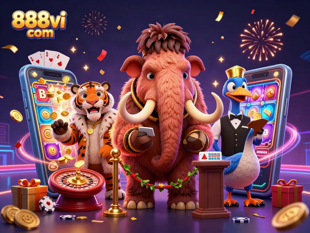Spin and win at 888vi com with a vibrant cartoon scene featuring casino fun!