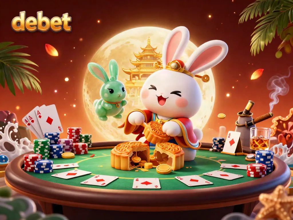 Engage in poker action with debet's captivating illustration featuring a moon rabbit, poker chips, and vibrant casino elements.