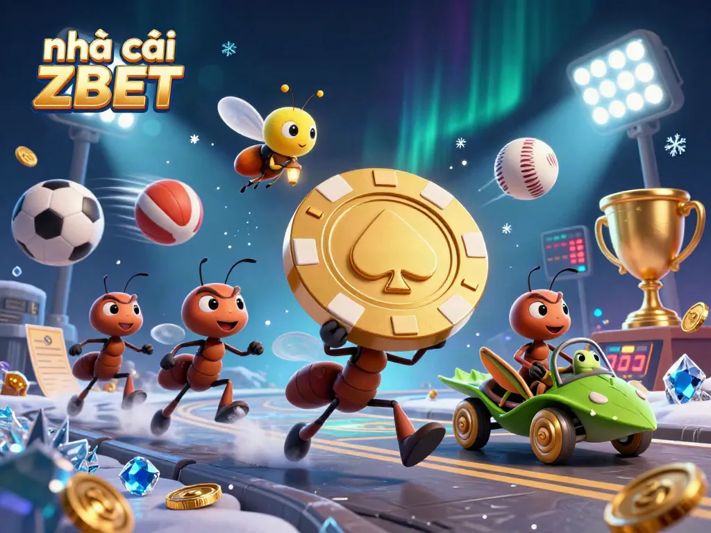 Experience fun-filled action with nhà cái ZBET showcasing ants in a heist with golden poker chip.
