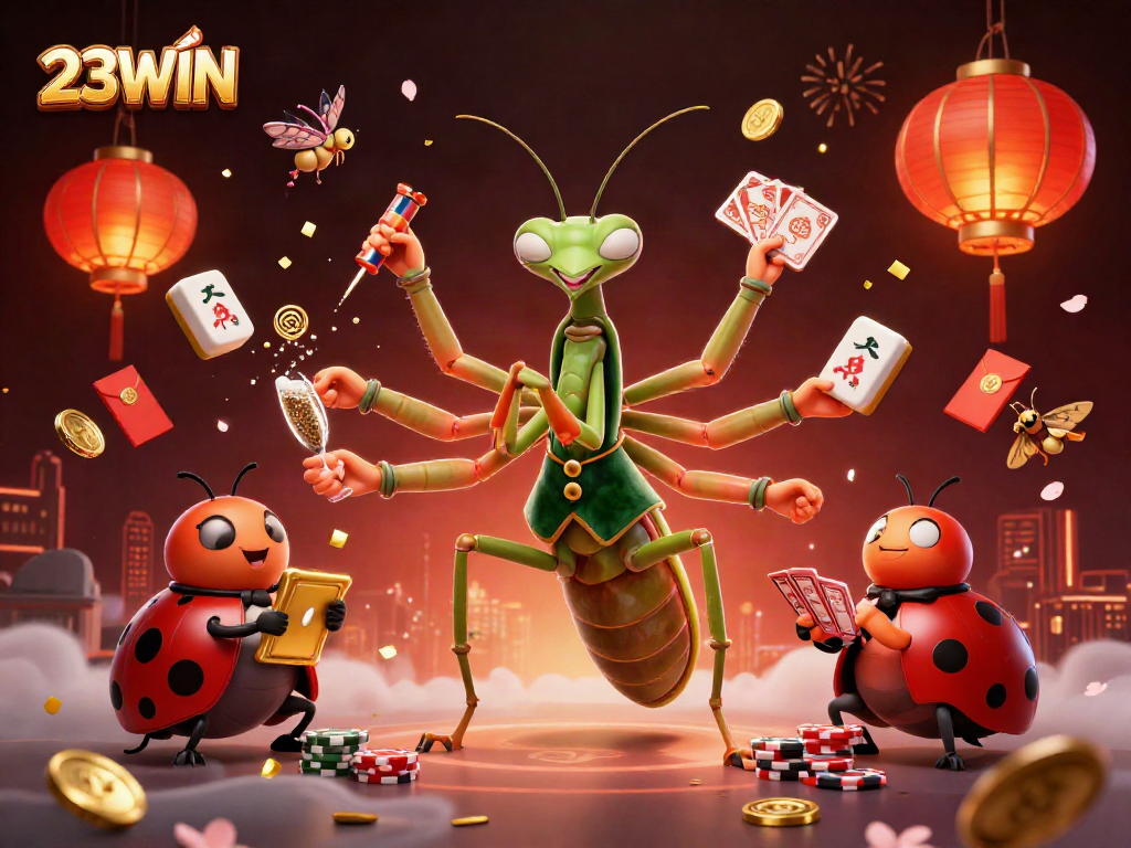 Experience the excitement at 23WIN with vibrant characters and casino elements in this dynamic illustration.