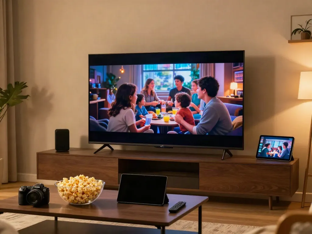 abonnement IPTV France : soirée cinéma en famille avec TV connectée et appareils modernes