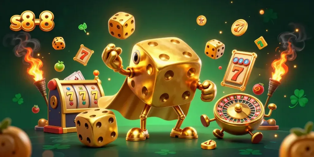 Experience excitement with s8-8 golden dice golem juggling mini dice, amidst dynamic slot game elements.