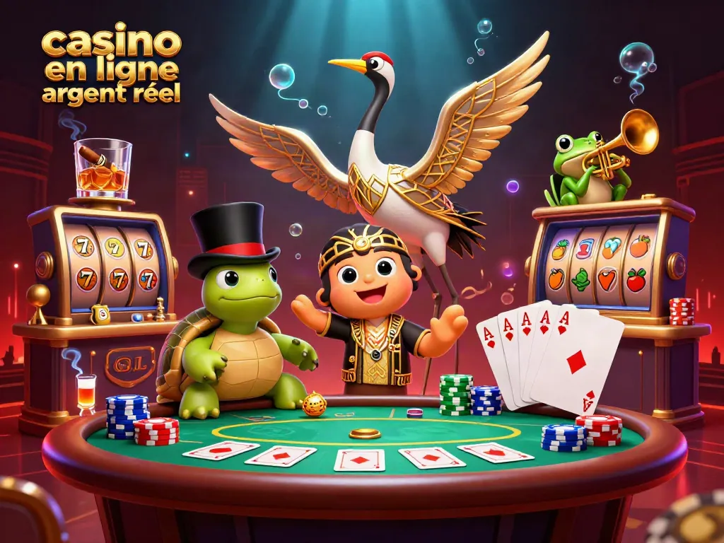 Gagnez gros dans un casino en ligne argent réel avec une illustration dynamique et colorée de jeux de casino.
