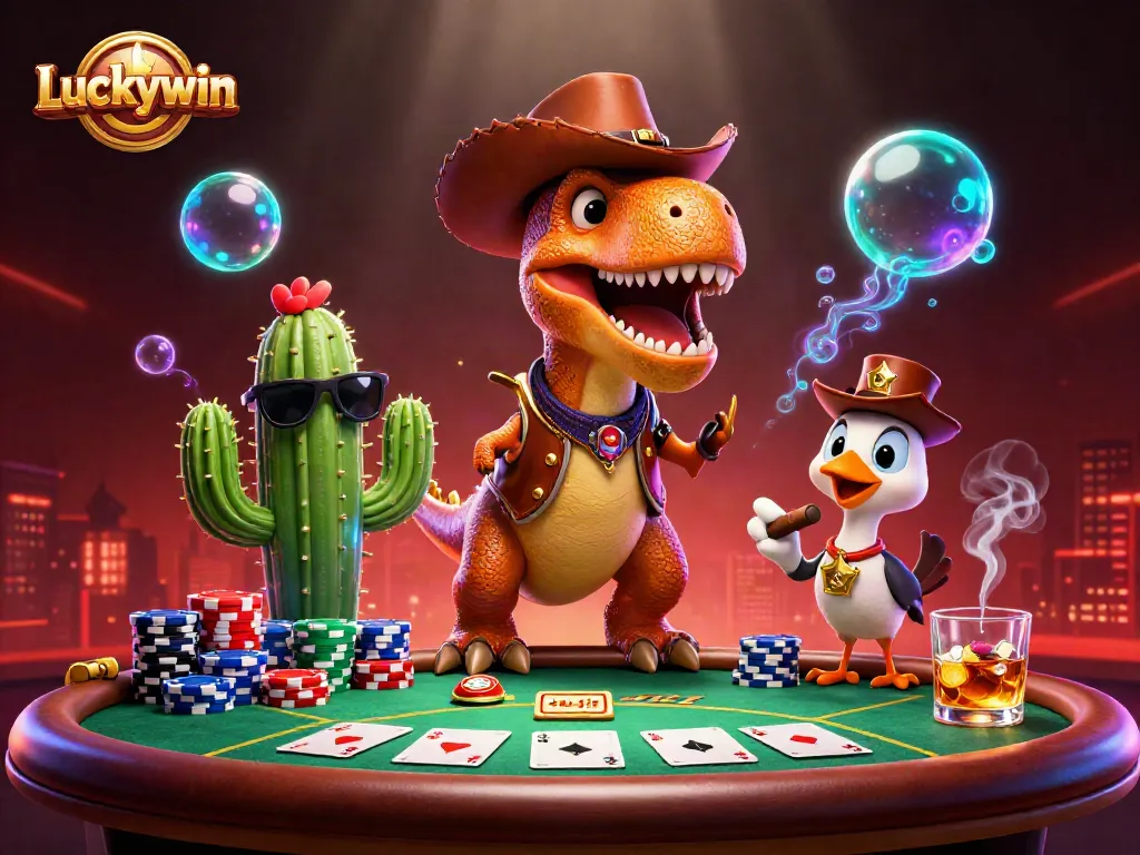 Engage in thrilling poker gameplay at Luckywin with a T-Rex dealer and vibrant casino atmosphere.