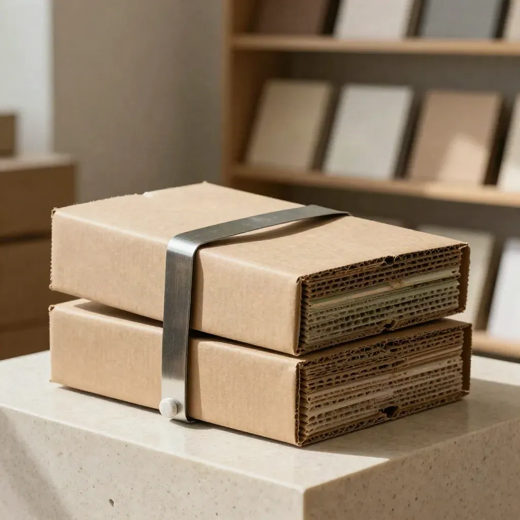 Deux cartons fournisseurs presque identiques, l’un plus léger, maintenus par un clip et un poids.
