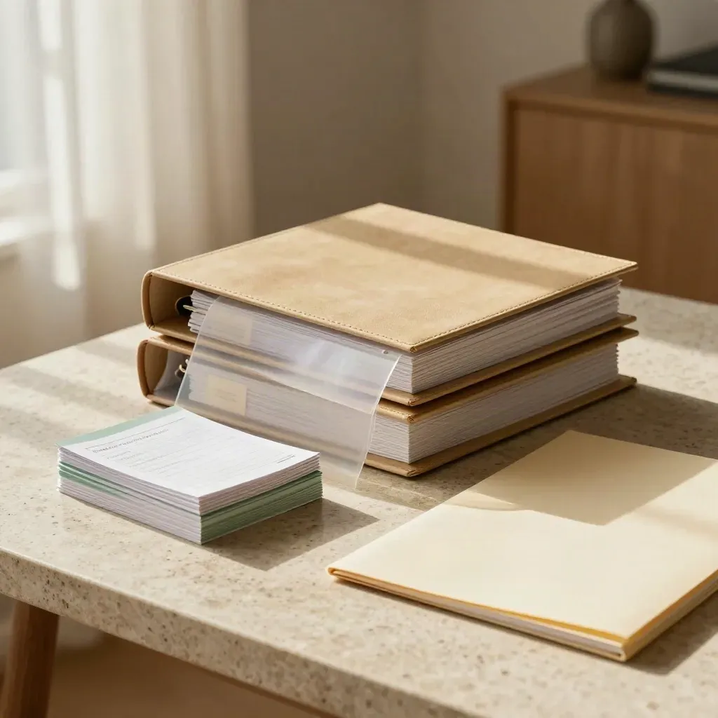 Classeurs de contrat sur table en travertin, accents sauge, lumière douce d’atelier.
