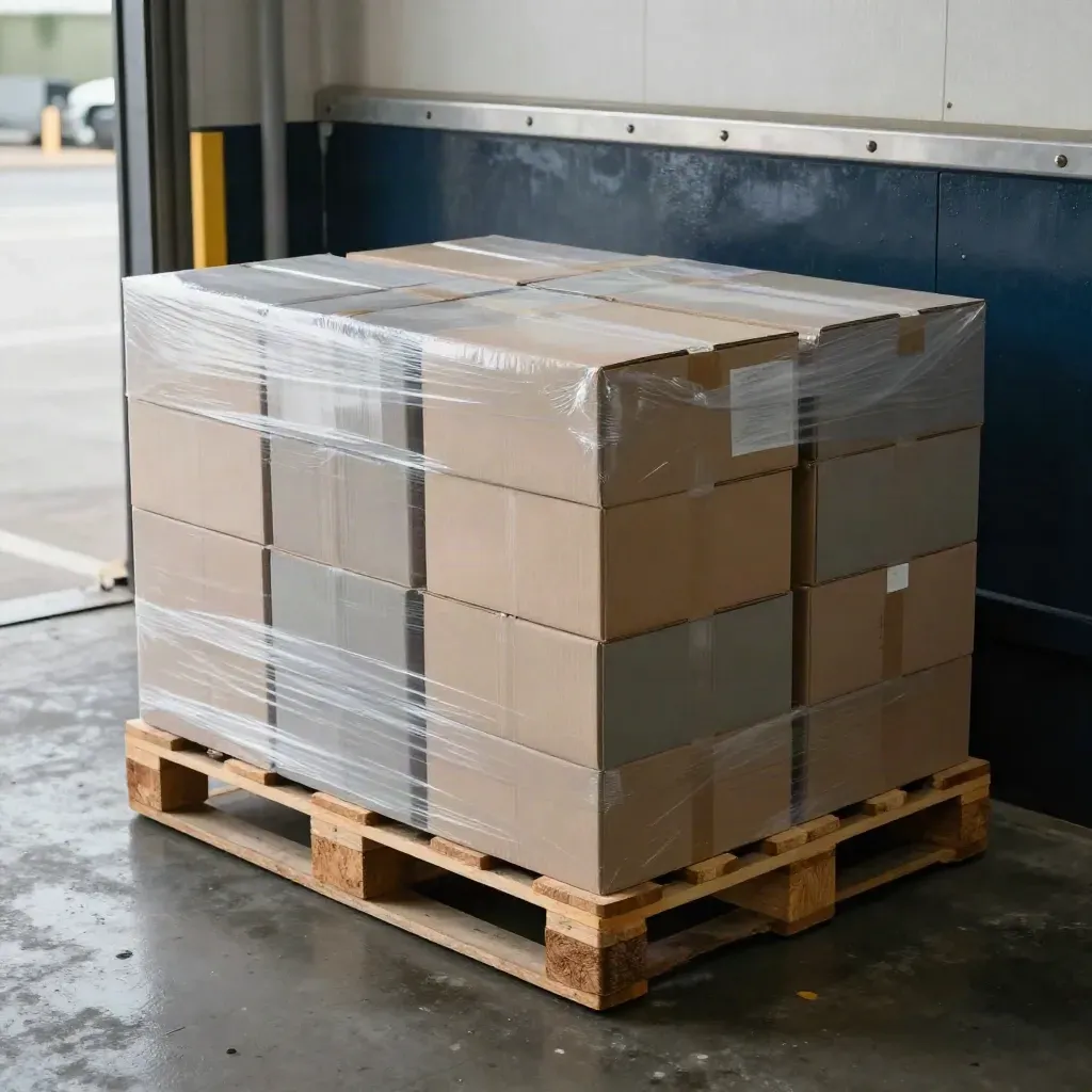 Palette de cartons d’emballage filmés sur un quai propre, humide et légèrement brumeux.