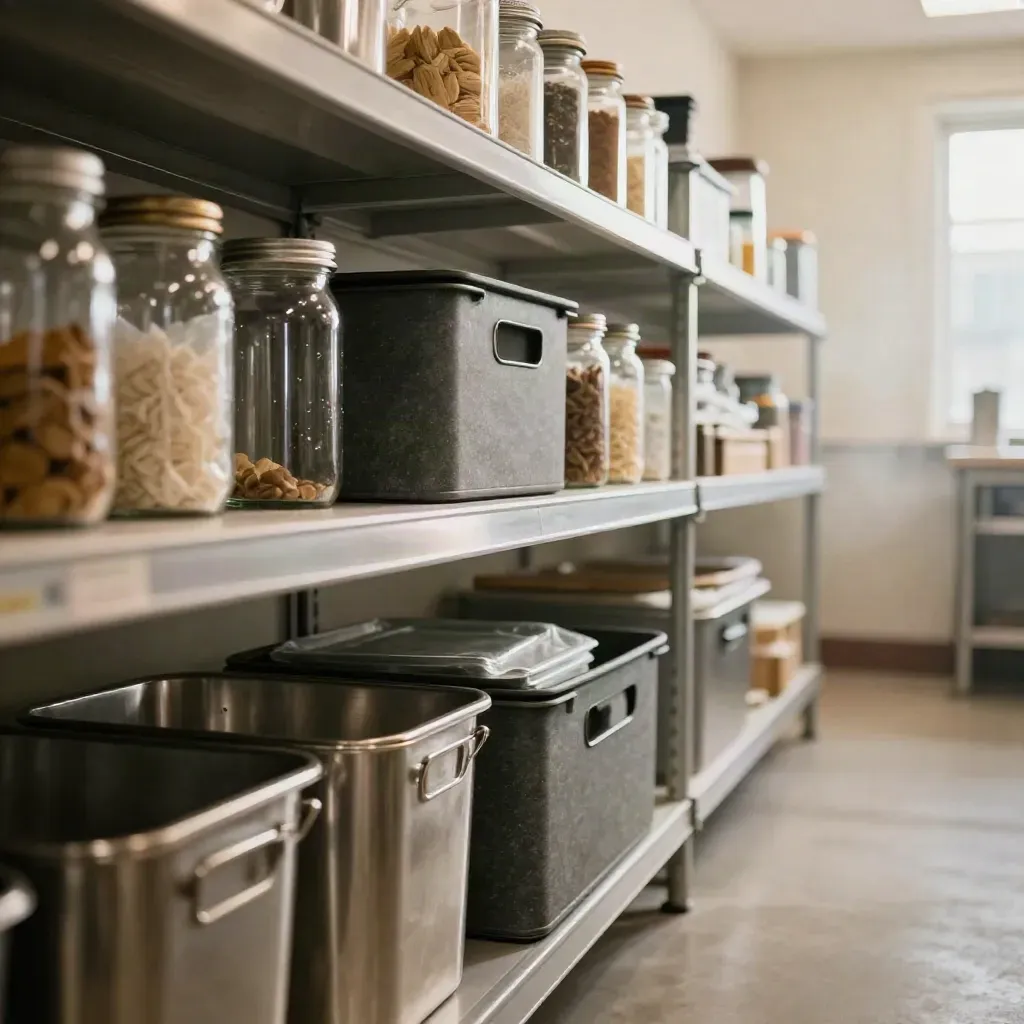 Réserve de cuisine pro avec bacs inox, bocaux opaques et caisses neutres bien alignés.