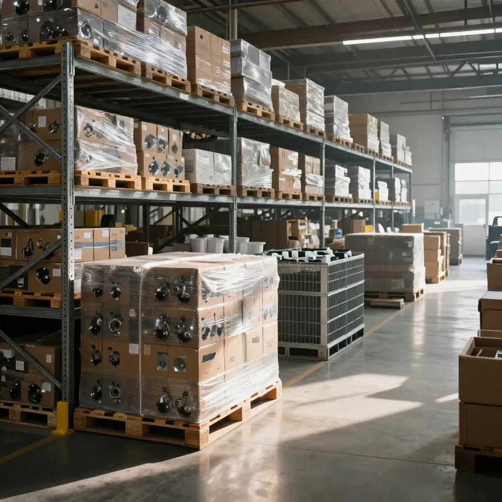 Allée d’usine avec racks de pièces, palettes filmées et réserves calibrées, lumière dramatique.