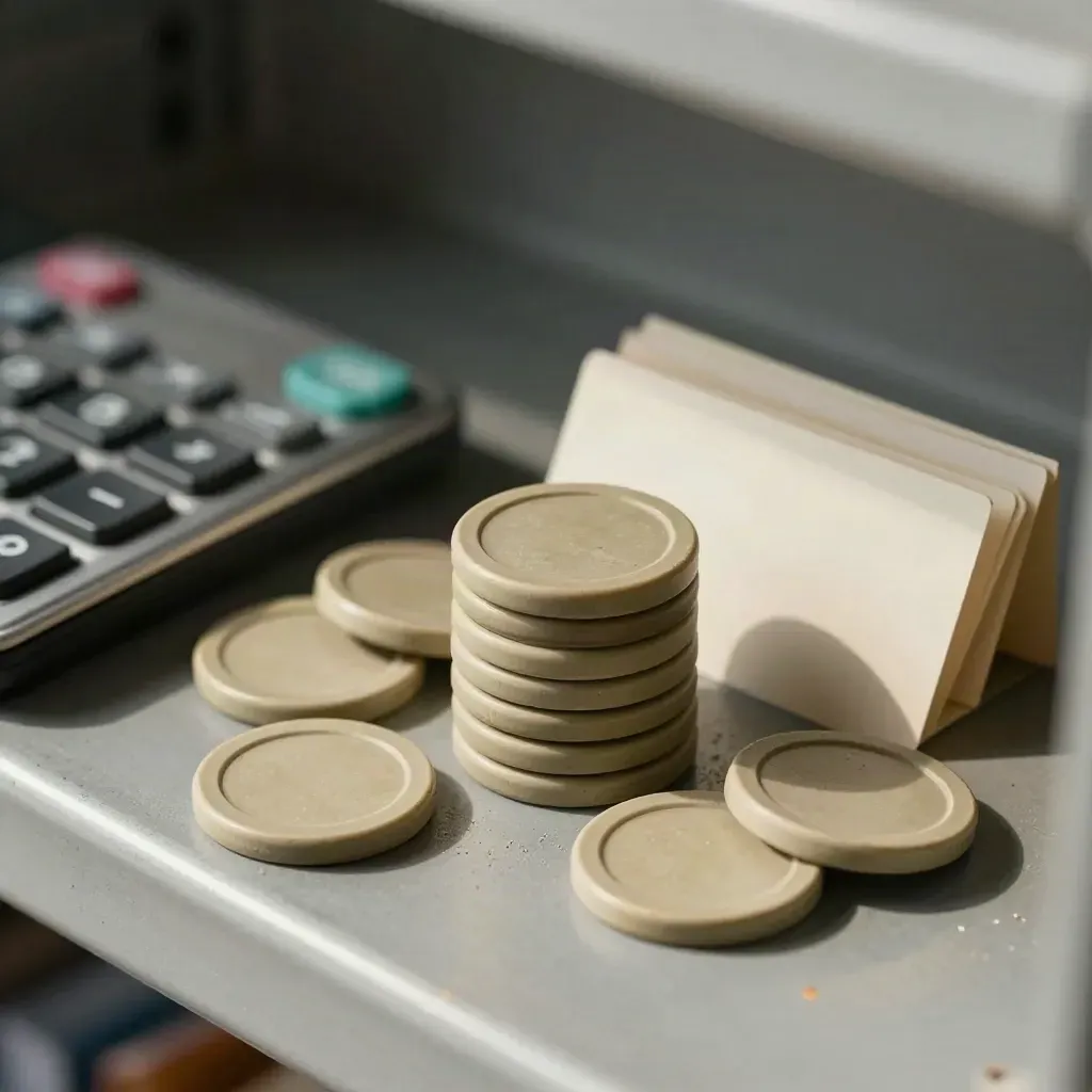Jetons de comptage, calculatrice éteinte et fiches de tri sur plateau gris ardoise.