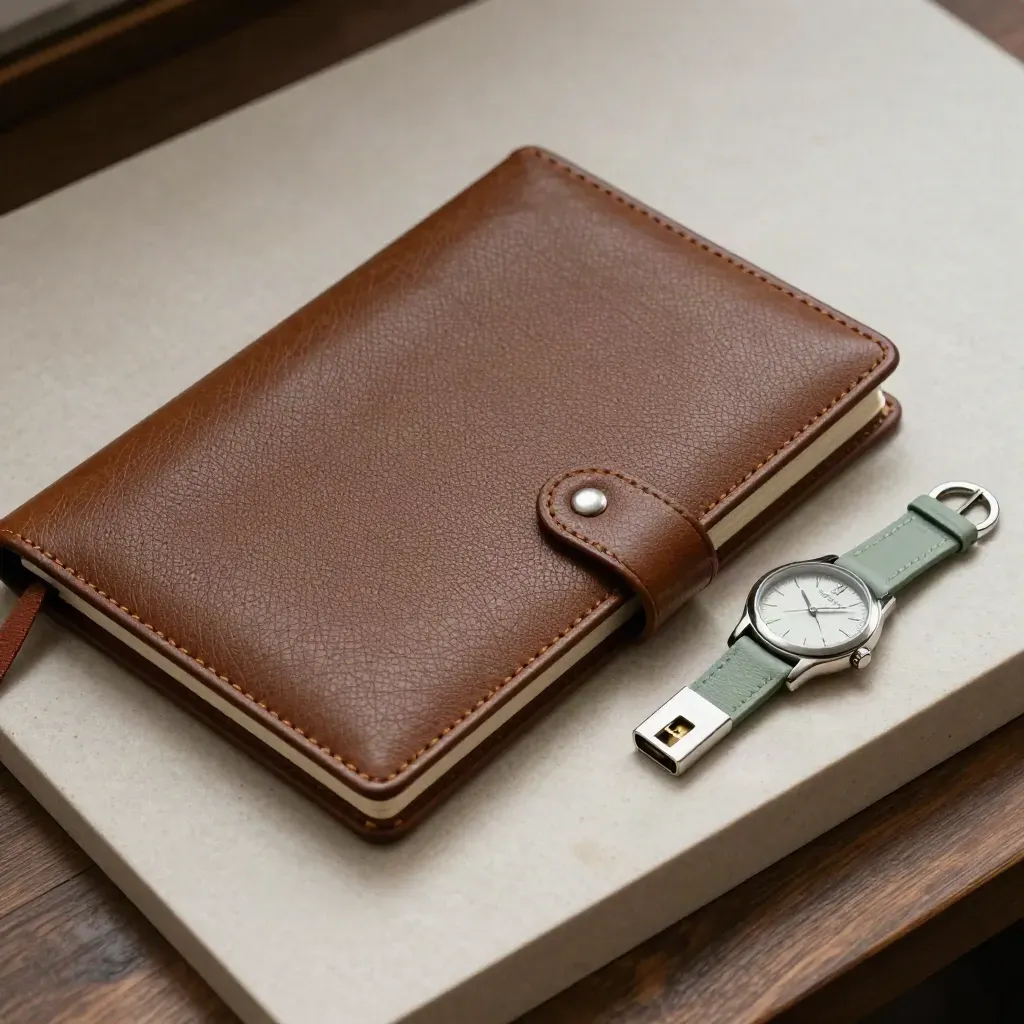 Agenda fermé, montre, dateurs métalliques et clé USB sur pierre claire, style premium.