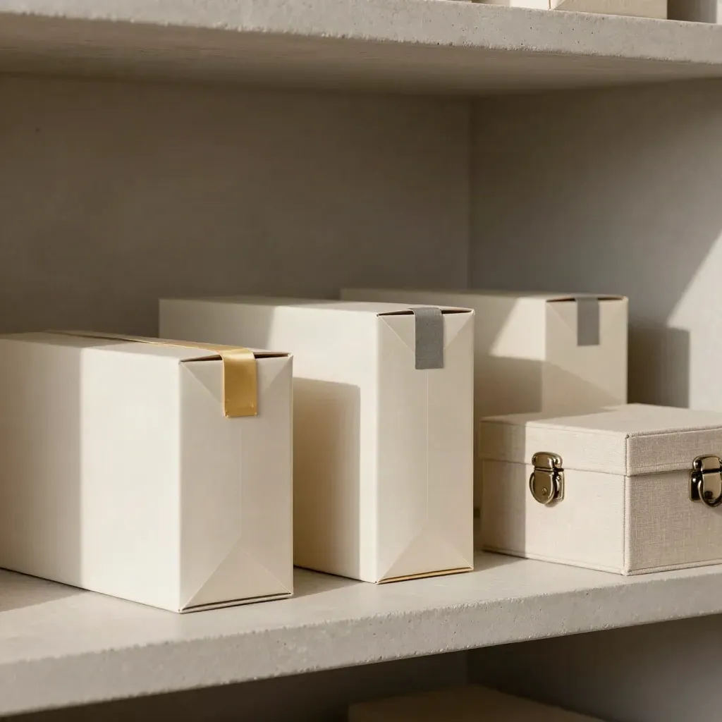 Trois cartons alignés, une pince dorée et une boîte de rangement sur étagère claire.