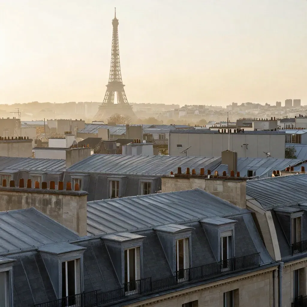 Toits de zinc parisiens et tour Eiffel surgissant dans une brume dorée au lever du jour.