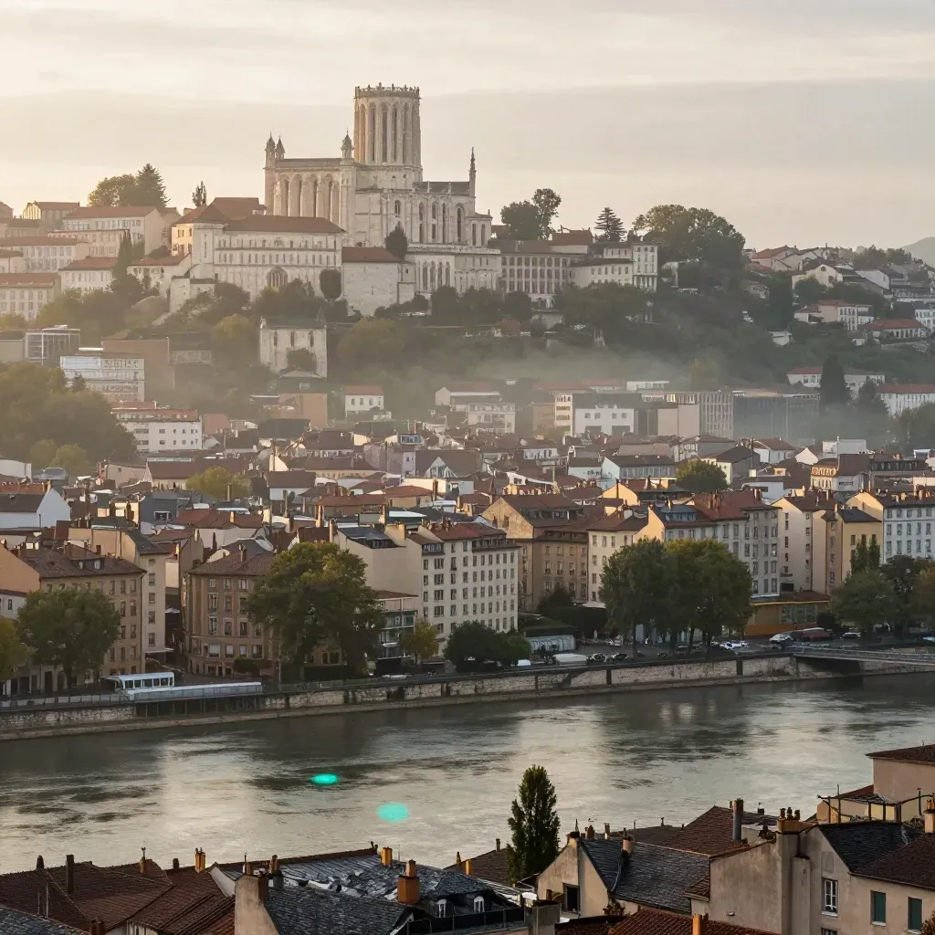 Lyon et Fourvière au-dessus de la Saône dans la brume, après la pluie, vue large et calme.
