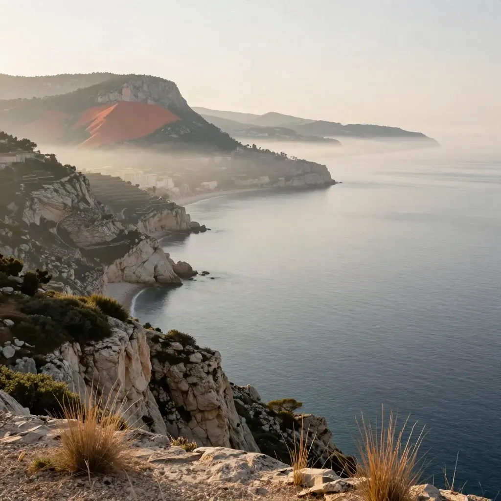 Vue de la baie de Nice à l’aube, collines provençales noyées dans une brume marine.