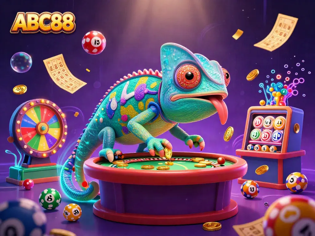 Play thrilling games at ABC88 casino, where a colorful chameleon owner oversees vibrant lottery elements.