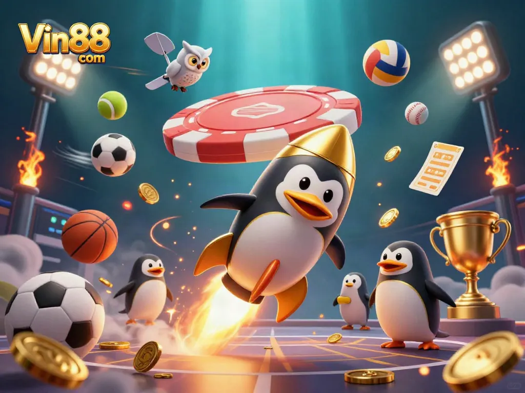 Experience thrilling gameplay with Vin88 com's golden penguin racing through a dynamic casino universe.