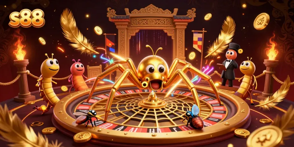 Experience thrilling s88 gameplay with a spider dealer in a vibrant casino scene.