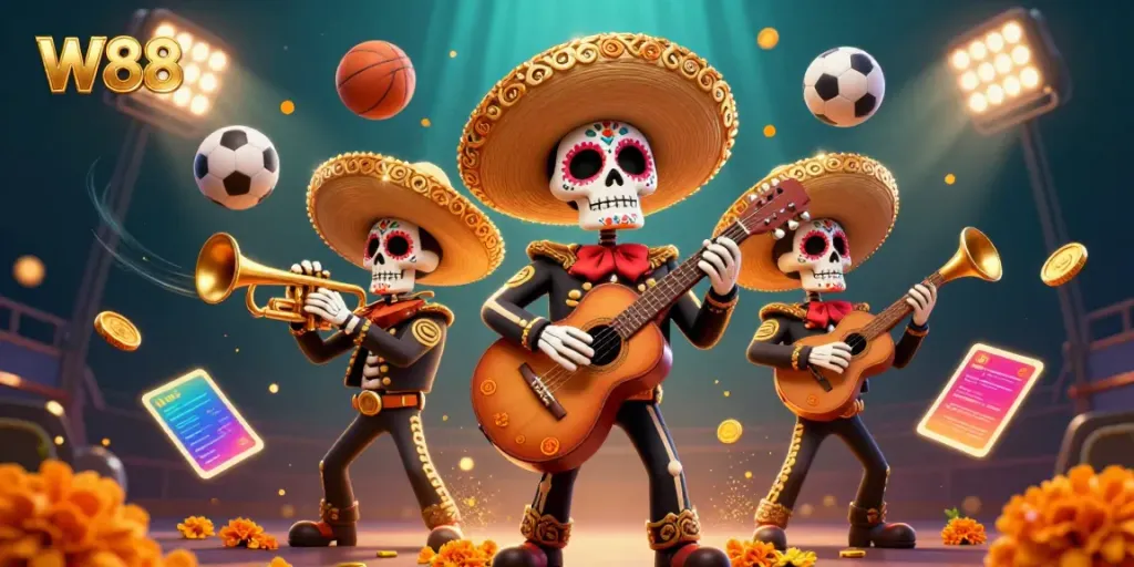 Experience vibrant gameplay at W88 with a lively mariachi band, sports elements, and engaging casino action.