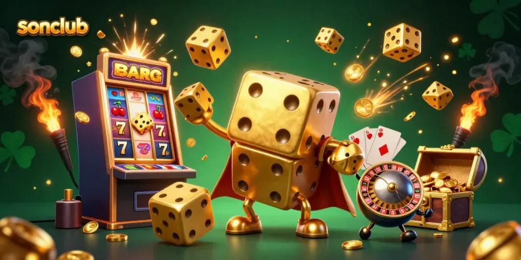 Engaging scene of the sonclub character ensemble featuring a golden dice golem and casino symbols celebrating big wins.
