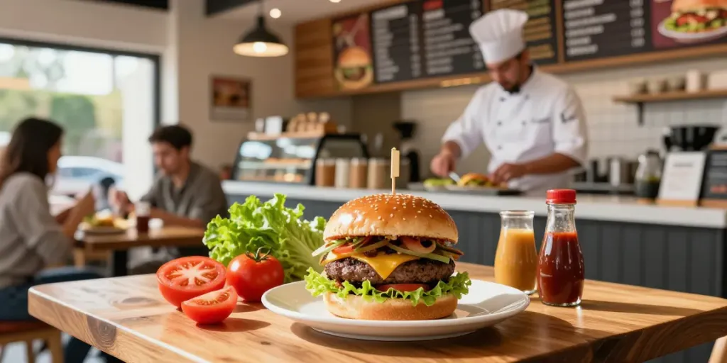 Hamburger halal préparé avec des ingrédients frais dans un restaurant moderne avec une ambiance chaleureuse.