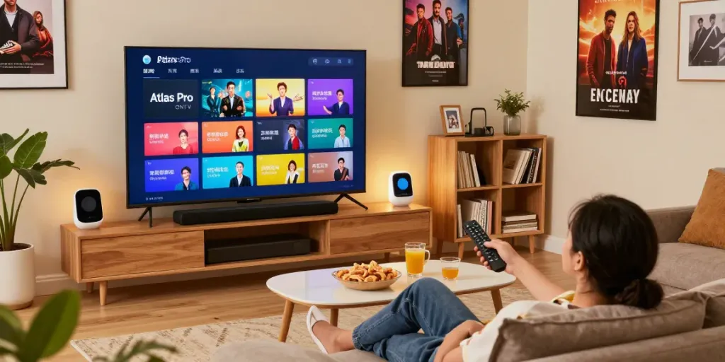 Profitez de l'expérience Atlas pro ontv dans un salon moderne, avec TV haute définition et ambiance chaleureuse.