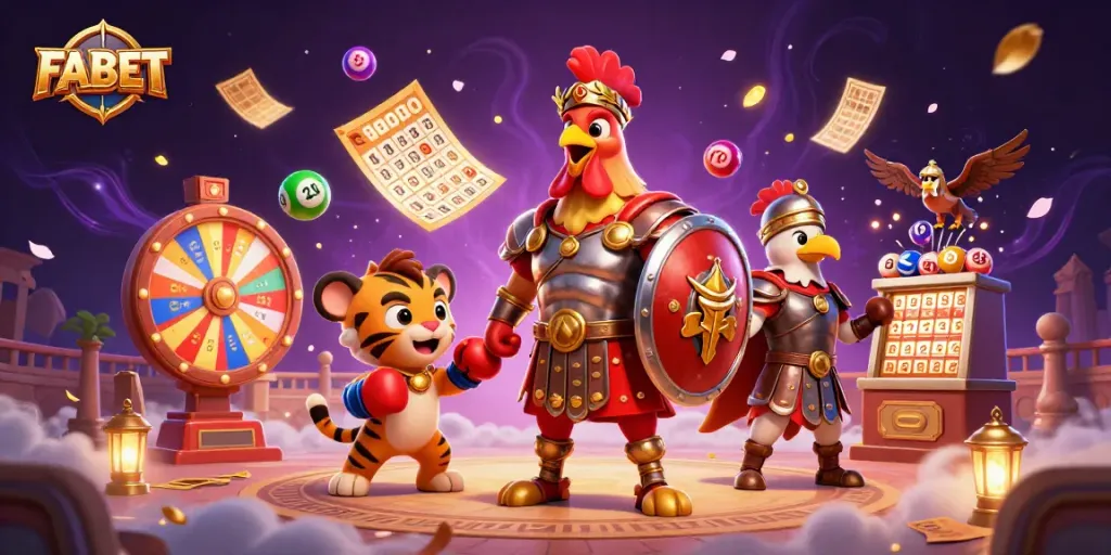 FABET captivates bettors with an exciting scene featuring a gladiator rooster and tiger cub in a vibrant casino environment.