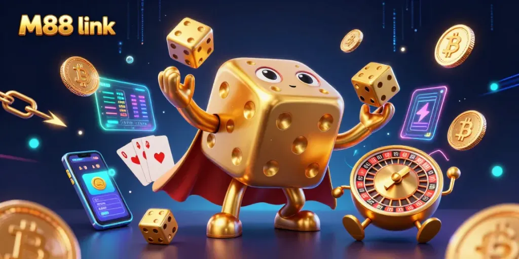 Engage with M88 link in this immersive 3D casino illustration showcasing dynamic gaming elements.