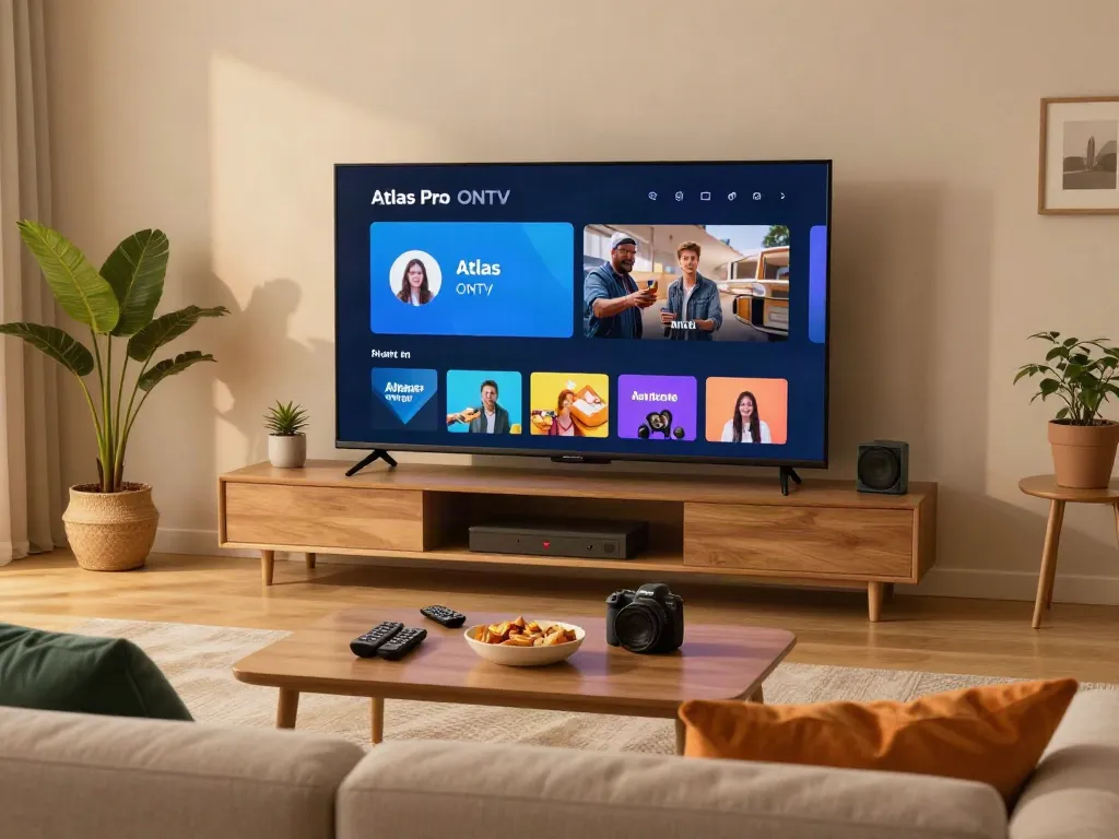 Écran de l'application Atlas Pro ONTV dans un salon moderne, ambiance chaleureuse et confortable.