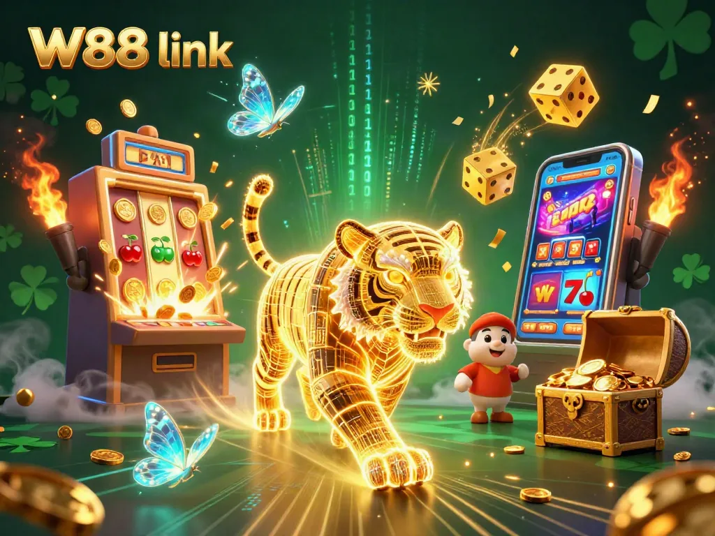 Unleash winning potential with the W88 link showcasing vibrant casino adventures, a neon tiger in action.