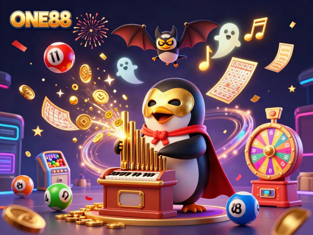 ONE88 showcases a vibrant casino scene with a penguin and golden musical notes amidst lottery balls and confetti.