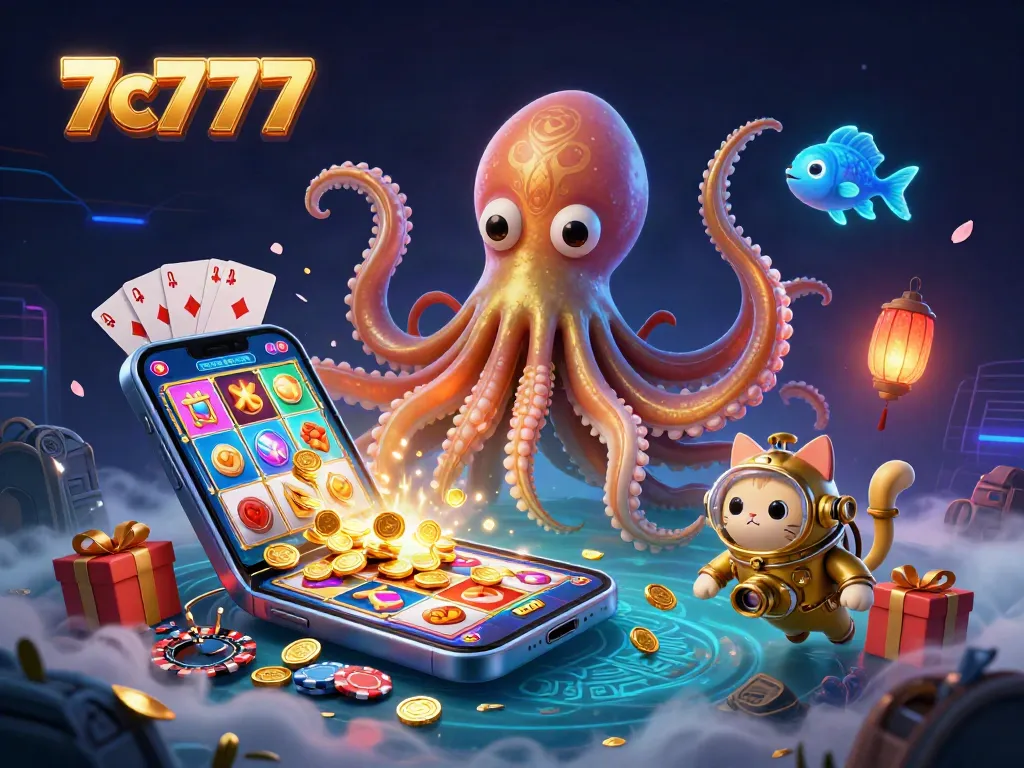 Engage in thrilling gaming with 7c777, featuring a kraken and a diving cat amid slot reels and poker chips.