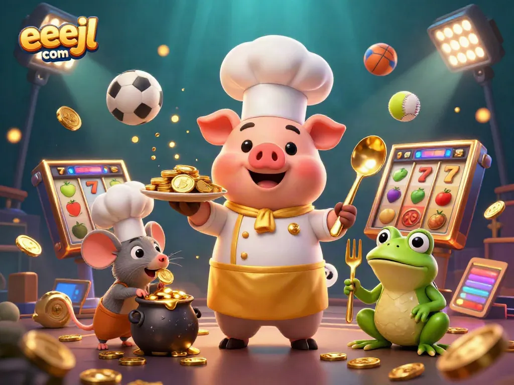 Experience the excitement of eejl com's casino scene with vibrant characters serving gold coins.