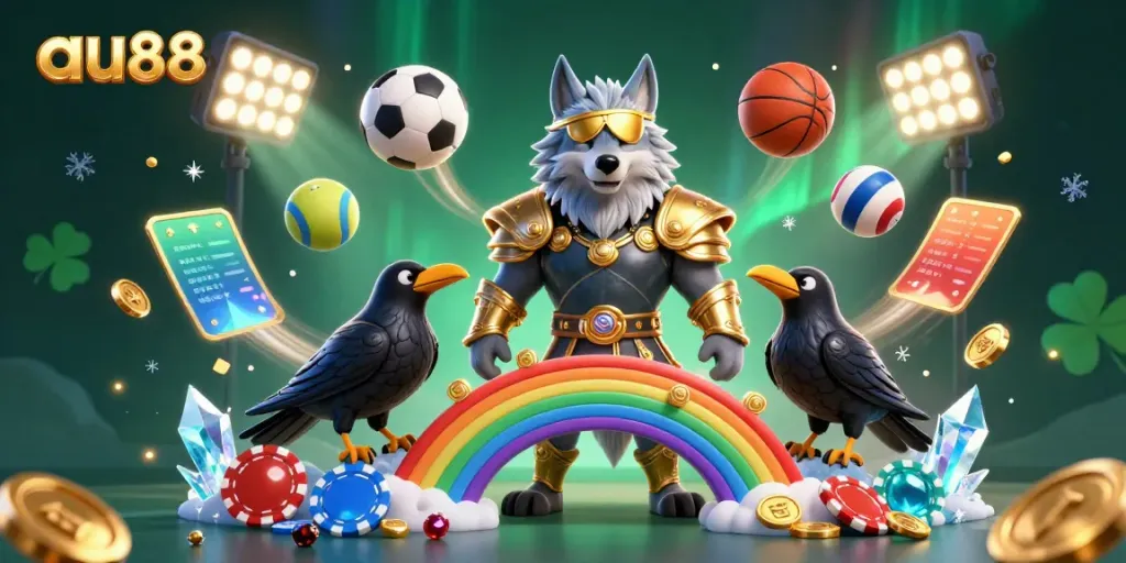 Experience the thrill of betting at au88 with Norse mythology-inspired characters on a vibrant casino scene.