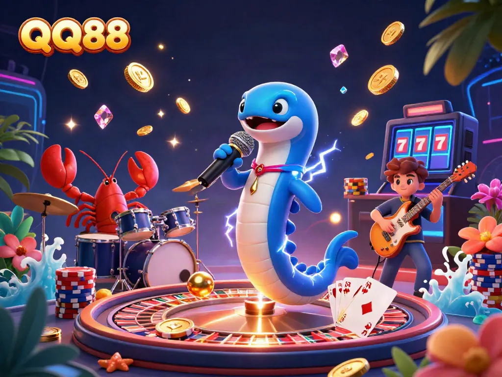 Experience a thrilling underwater casino scene with QQ88 featuring an electric eel DJ, a lobster drummer, and a seahorse guitarist.