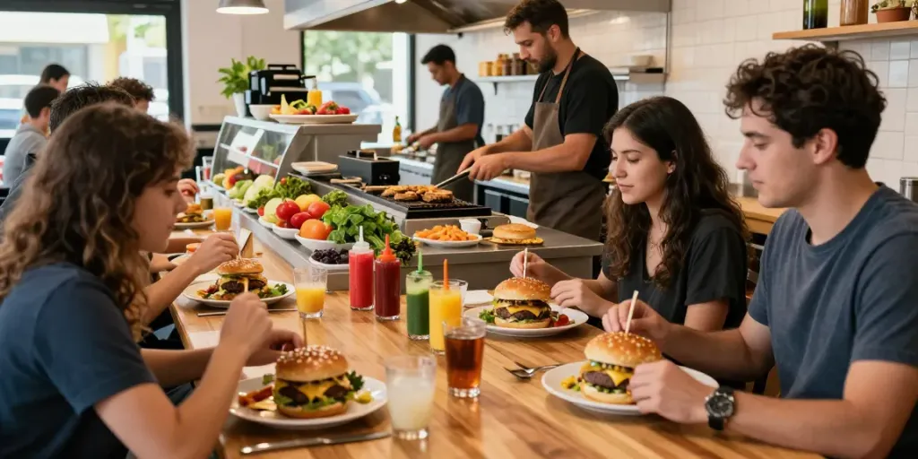 Des clients savourant des b&w burgers dans un restaurant animé avec une ambiance accueillante.