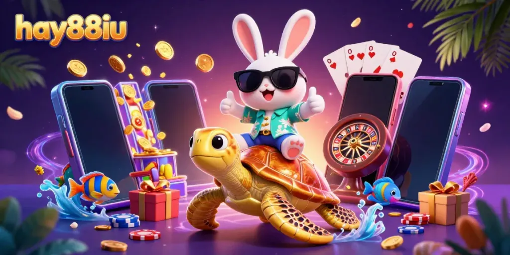 Join the fun at hay88iu with a lucky rabbit and golden sea turtle in this vibrant casino-themed illustration.