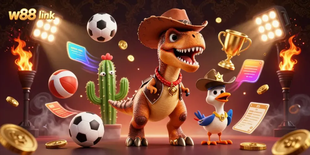 Experience the exhilarating world of betting at w88 link with a whimsical 3D scene featuring a dinosaur and friends.