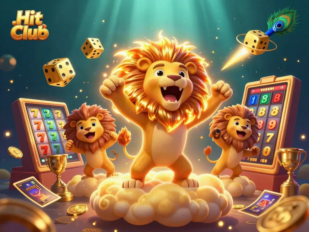 Hit Club inspired casino illustration depicting a roaring lion and dynamic slot elements.