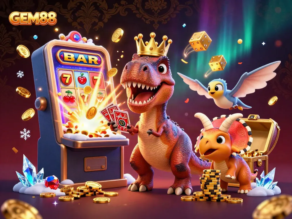 Experience the excitement of GEM88 with a T-Rex shuffling cards while a baby triceratops stacks chips.