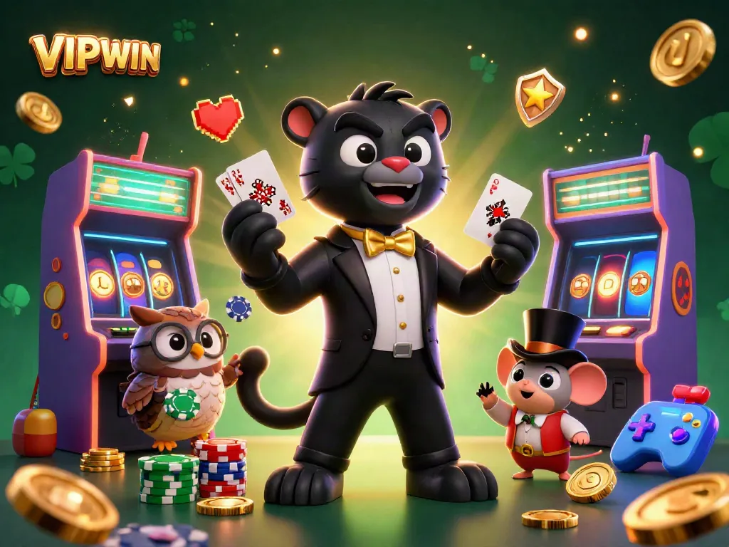 VIPWIN illustration of a stylish panther dealing cards with an owl and mouse amid casino-themed slot machines.