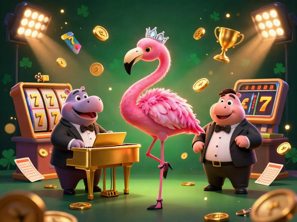 Join the vibrant scene of 'casino sider uden ROFUS' with a flamingo singer and hippo bassist amidst thrilling slot game elements.