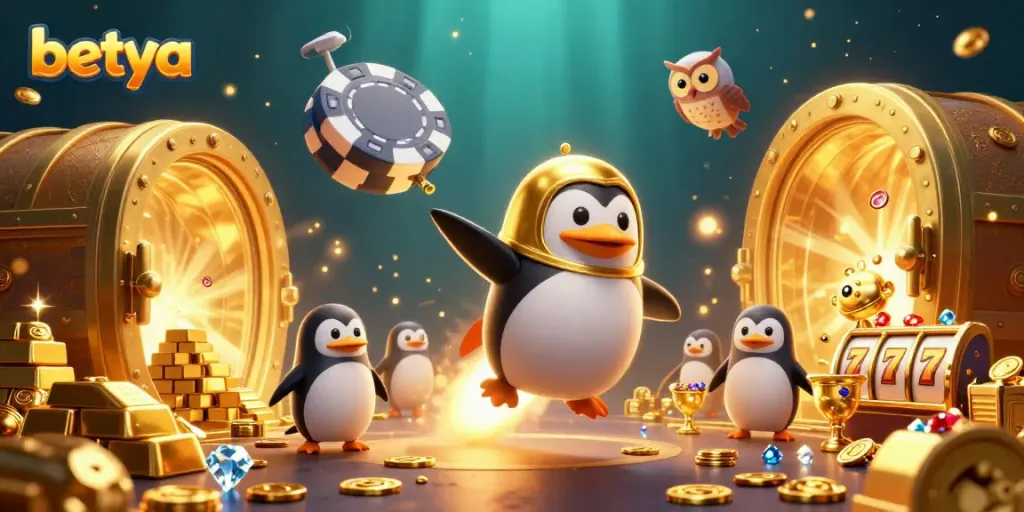 Betya features a cartoon penguin amidst golden coins and slot reels, celebrating a cosmic casino adventure.