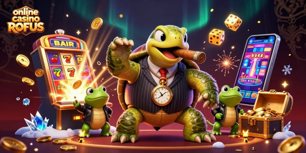Jackpot excitement at an online casino uden ROFUS with cartoon turtle and frog characters.