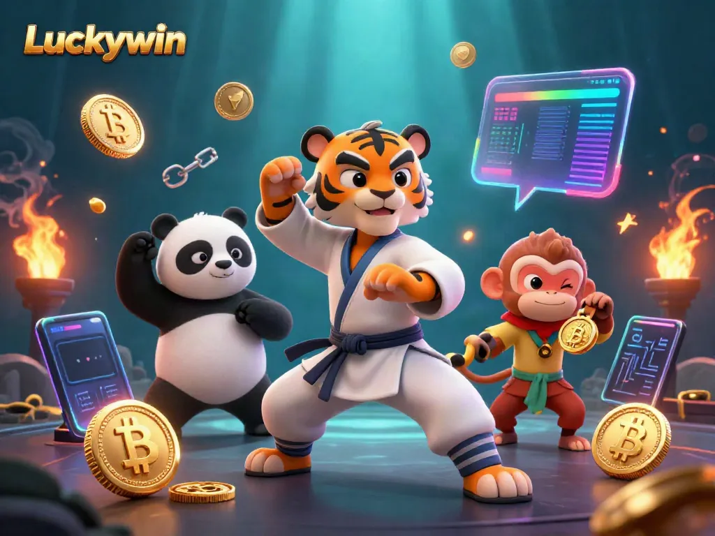 Experience thrilling gameplay with Luckywin featuring a kung fu tiger and panda in an action-packed casino scene.