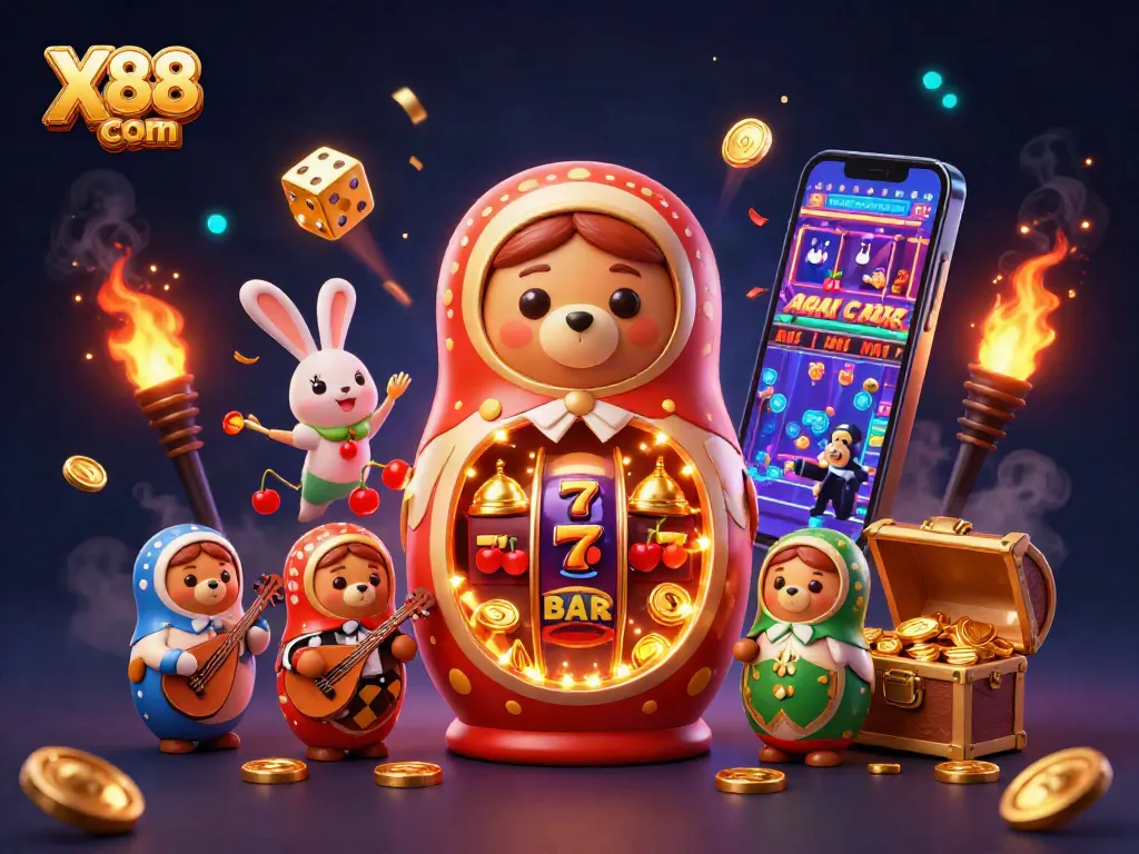 X88 com showcases a vibrant 3D casino scene featuring a Matryoshka bear and festive game elements.
