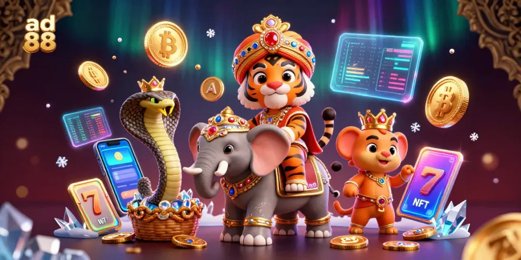 Experience winning strategies at ad 88 with a colorful scene of an Indian maharaja and crypto elements.